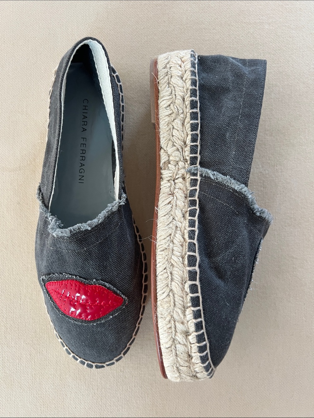 Chiara Ferragni Canvas Slip-On Espadrilles with Red Lip & Lipstick Detail